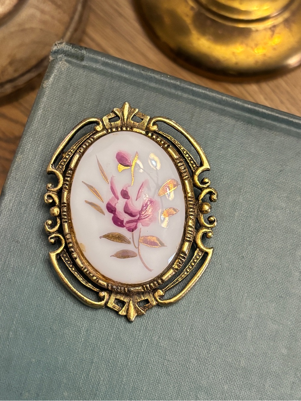 Vintage Hand Painted Floral Porcelain  Brooch